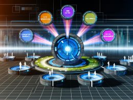 Futuristisches Kontrollzentrum mit zentraler CDP-Einheit, leuchtenden Datenströmen zu Modulen wie CRM, Data Warehouse, E-Commerce, Analytics, Social Media sowie abstrahierten Marketing-Figuren vor urbaner Skyline.