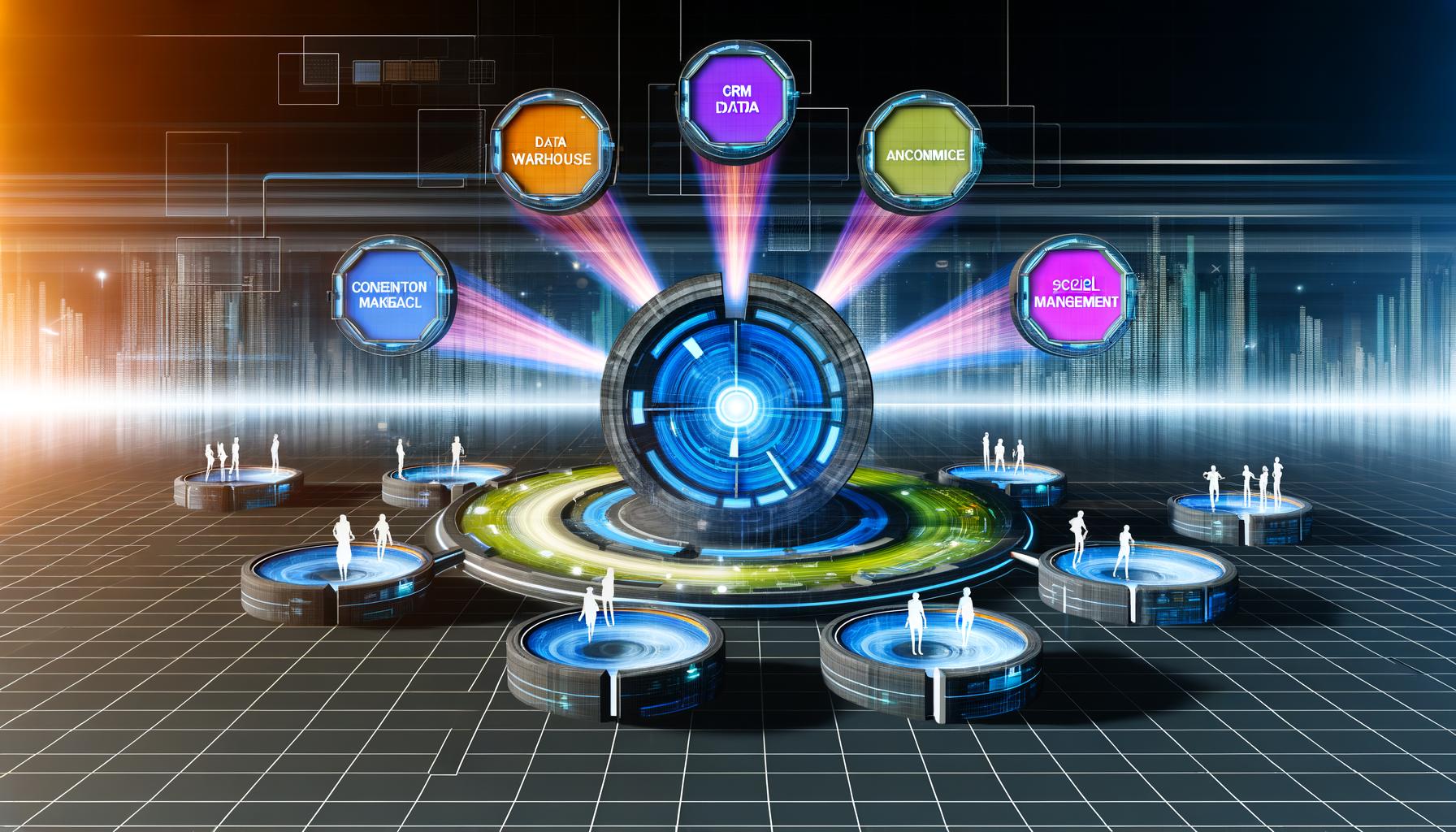 Futuristisches Kontrollzentrum mit zentraler CDP-Einheit, leuchtenden Datenströmen zu Modulen wie CRM, Data Warehouse, E-Commerce, Analytics, Social Media sowie abstrahierten Marketing-Figuren vor urbaner Skyline.