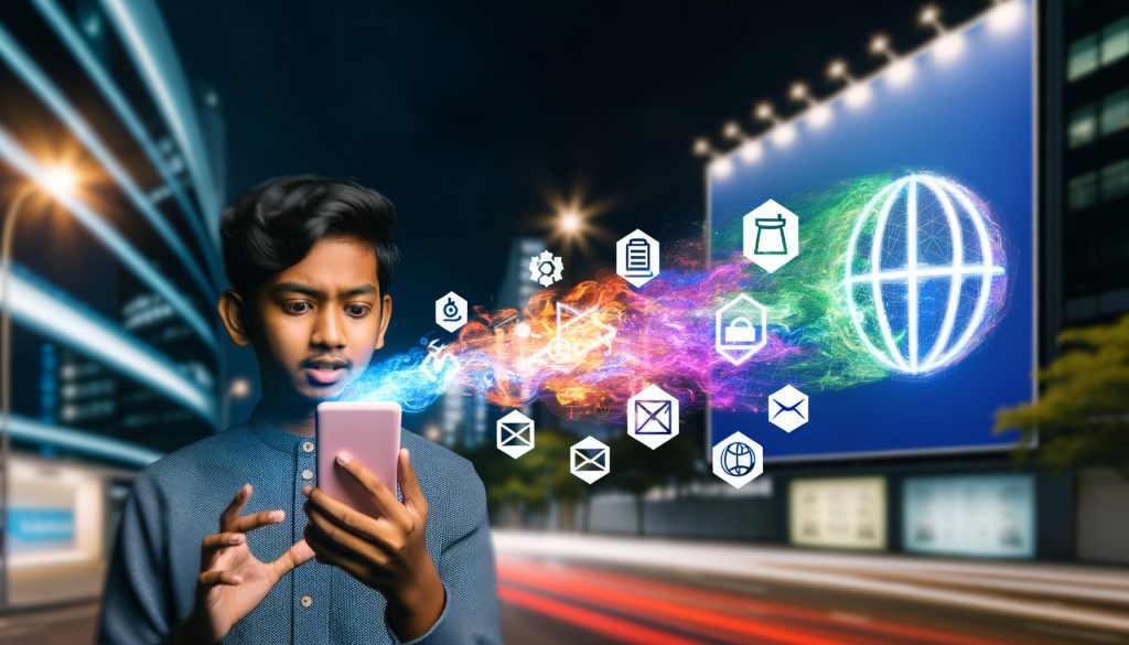 Junge Person hält Smartphone mit lebhaften holografischen AR-Grafiken, im Hintergrund bekannte Marken-Icons und städtisches Werbeumfeld