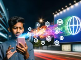 Junge Person hält Smartphone mit lebhaften holografischen AR-Grafiken, im Hintergrund bekannte Marken-Icons und städtisches Werbeumfeld