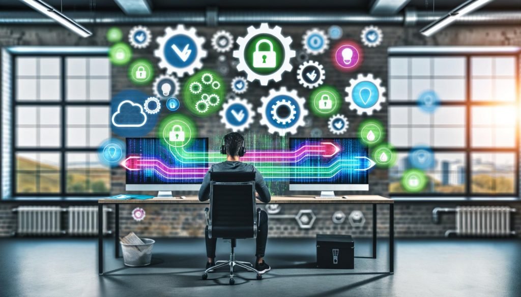 Softwareentwickler sitzt vor mehreren Monitoren mit Diagrammen und Cloud-Symbolen in industriellem Loft-Büro, im Hintergrund abstrahierte Zahnräder, Häkchen und Schlösser