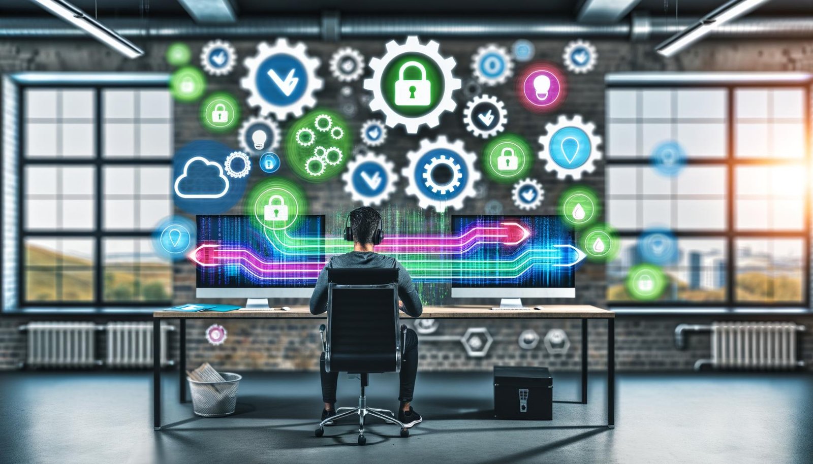 Softwareentwickler sitzt vor mehreren Monitoren mit Diagrammen und Cloud-Symbolen in industriellem Loft-Büro, im Hintergrund abstrahierte Zahnräder, Häkchen und Schlösser