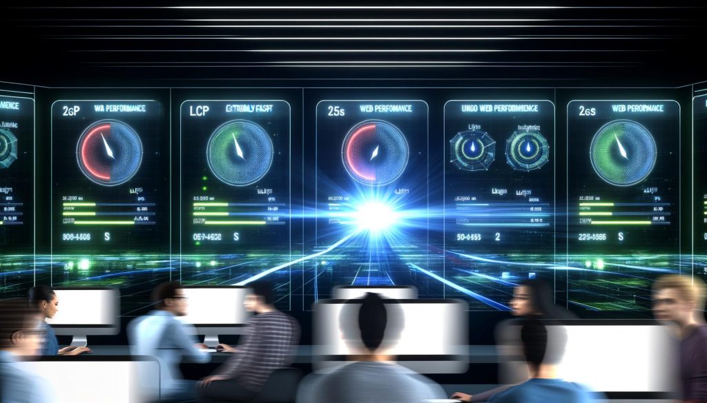 Entwickler sitzen in einem futuristischen Serverraum vor leuchtenden Bildschirmen mit hervorgehobener Webperformance-LCP-Anzeige und visualisiertem schnellen Seitenaufruf, während traditionelle Ladeanimationen im Hintergrund verblassen.
