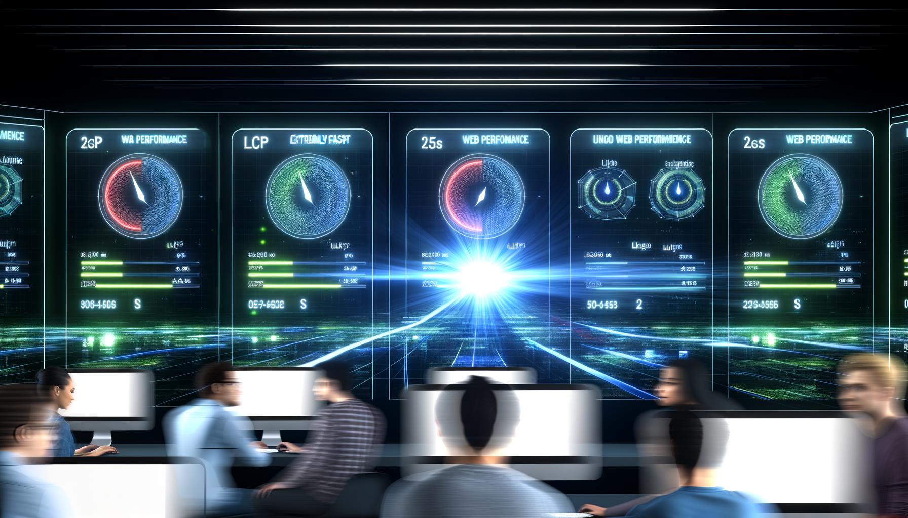Entwickler sitzen in einem futuristischen Serverraum vor leuchtenden Bildschirmen mit hervorgehobener Webperformance-LCP-Anzeige und visualisiertem schnellen Seitenaufruf, während traditionelle Ladeanimationen im Hintergrund verblassen.