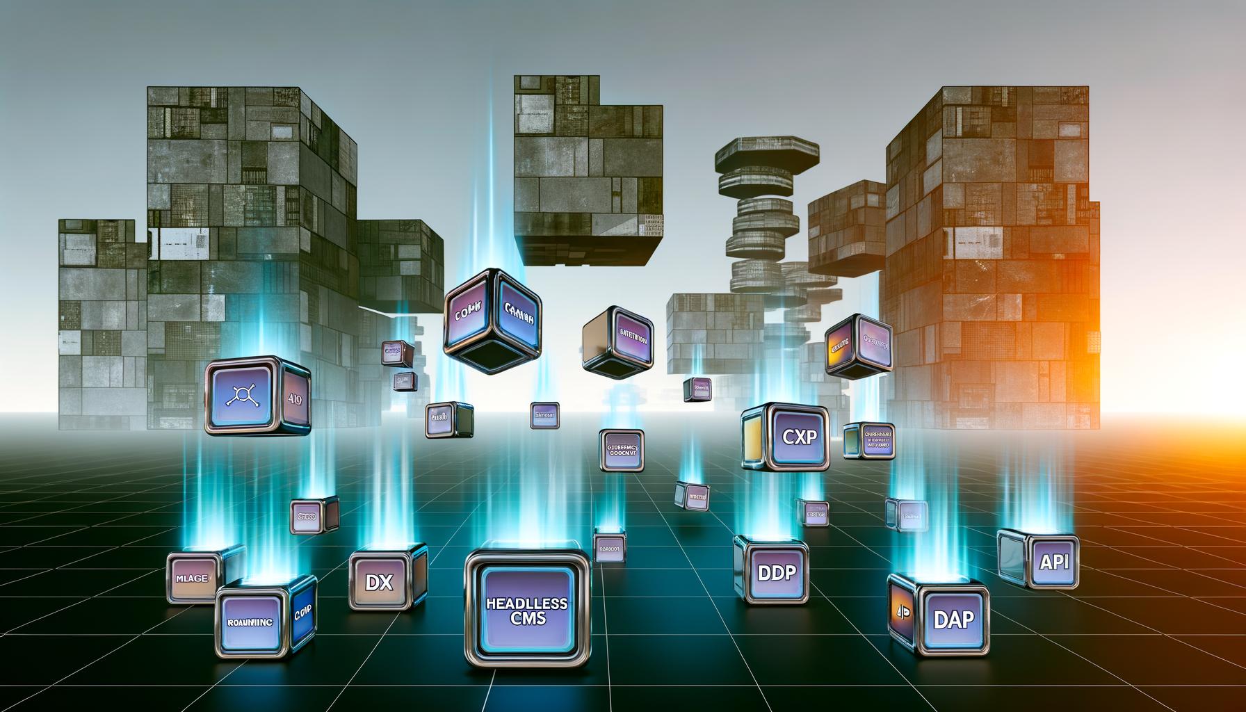 Futuristische Darstellung einer modularen Marketing-Tech-Landschaft mit schwebenden UI-Karten wie Headless CMS, DXP, CDP, DAM und API, verbunden durch leuchtende Datenströme vor verblassenden Monolithen.