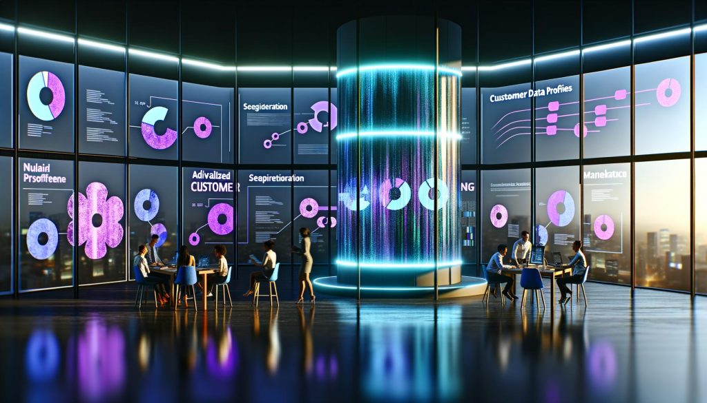 Futuristisches Marketingbüro mit digitalen Dashboards, Neon-beleuchtetem Server-Stack und Team bei der Analyse von Kundendaten