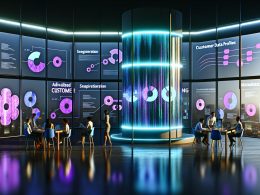 Futuristisches Marketingbüro mit digitalen Dashboards, Neon-beleuchtetem Server-Stack und Team bei der Analyse von Kundendaten