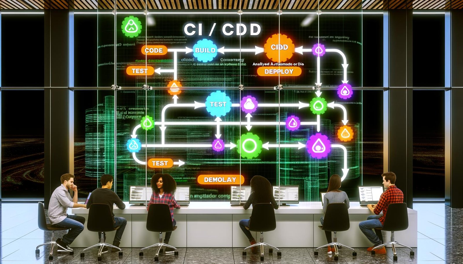 Modernes, dynamisches Büro mit Glaswand und CI/CD Pipeline-Diagramm, drei diverse Teammitglieder arbeiten zusammen, im Hintergrund Bildschirme mit erfolgreichen Deployments und Automatisierungsslogan.