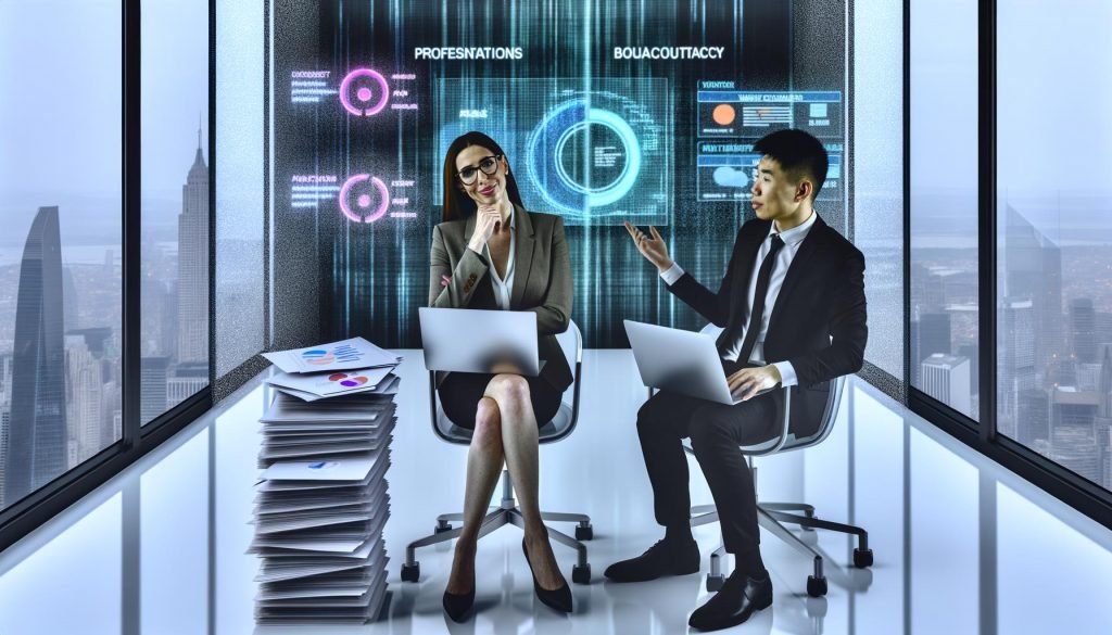 Berater zeigt auf ein Diagramm am Laptop, während ein Geschäftspartner von Präsentationsdokumenten umgeben ist; im Hintergrund verschwimmen reale Analysedaten.