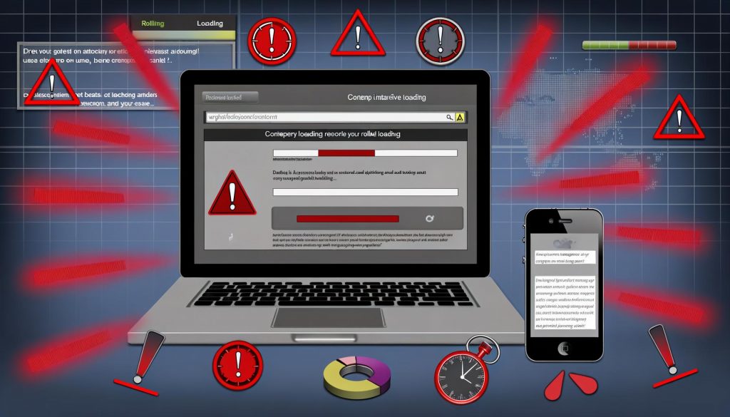 Moderne Website auf Laptop und Handy mit roten Warnsymbolen, die auf Ladeverzögerungen, ungeduldige Nutzer und abnehmende SEO-Performance hinweisen.