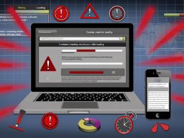 Moderne Website auf Laptop und Handy mit roten Warnsymbolen, die auf Ladeverzögerungen, ungeduldige Nutzer und abnehmende SEO-Performance hinweisen.