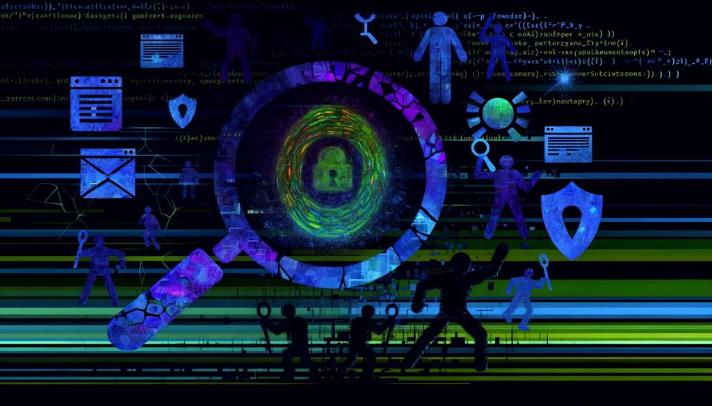 Ein digitaler Schlachtfeld mit leuchtendem Fingerabdruck aus Code, zerfallenden Cookies, schattenhaften Marktern und Datenschützern hinter Schildern im Stil einer dunklen Technologieszene.