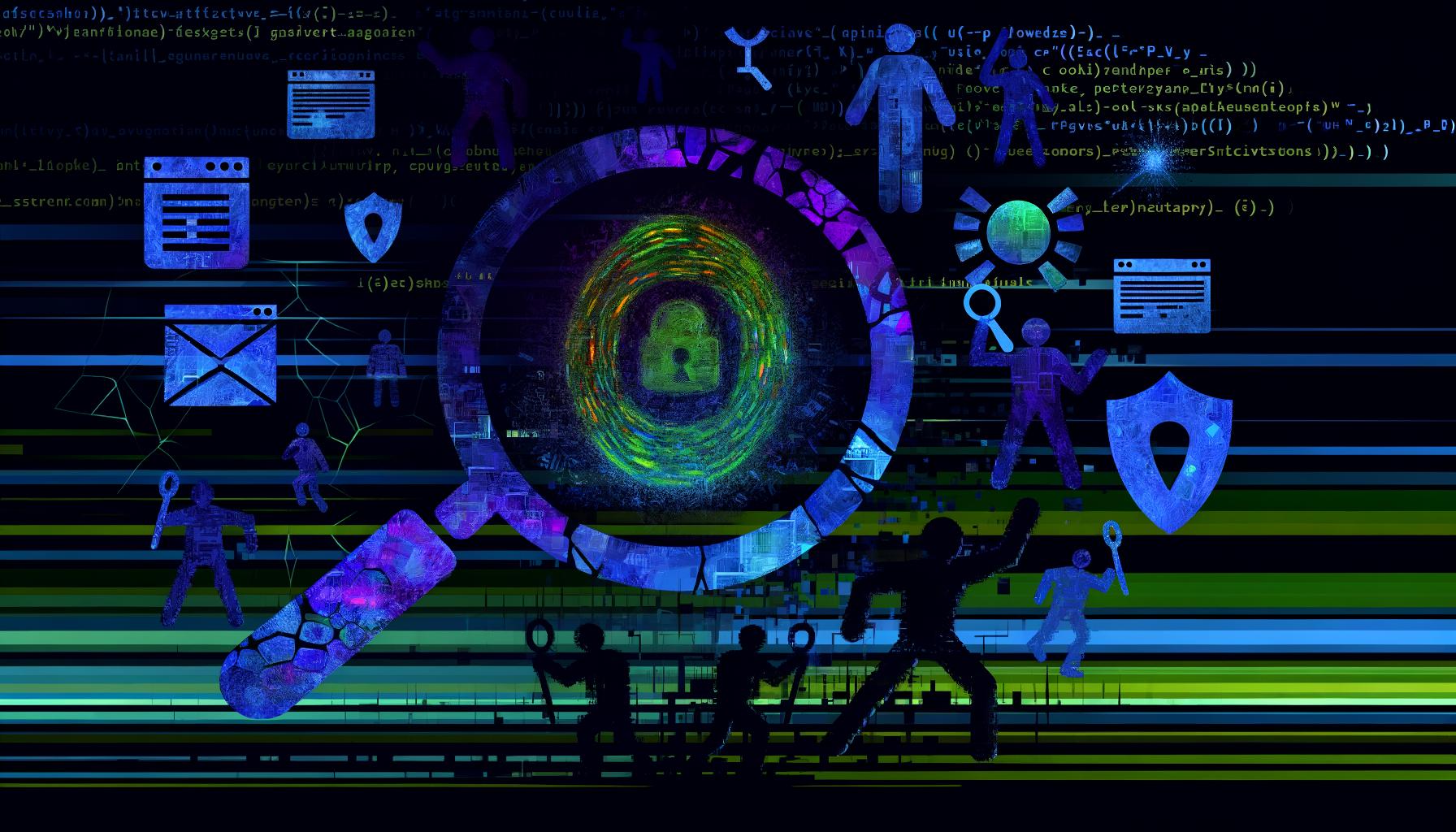 Ein digitaler Schlachtfeld mit leuchtendem Fingerabdruck aus Code, zerfallenden Cookies, schattenhaften Marktern und Datenschützern hinter Schildern im Stil einer dunklen Technologieszene.