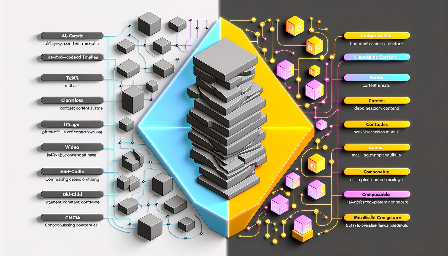 Infografik zum Vergleich eines alten CMS-Monolithen mit fest verdrahteten Templates und einer modernen, modularen Composable Content Architektur mit vernetzten, schwebenden Content-Modulen und leuchtenden Linien.