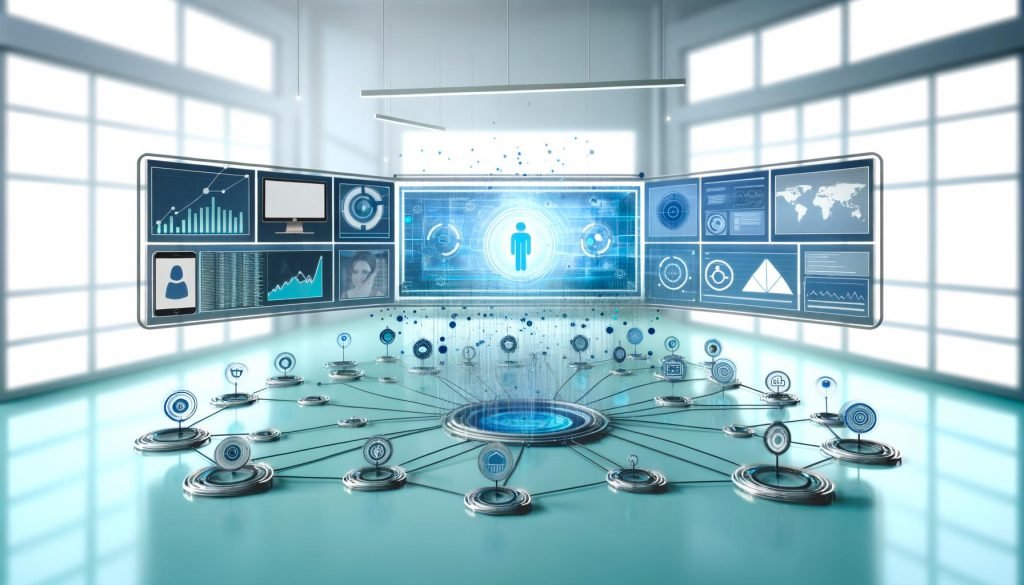 Modernes Kontrollzentrum mit vernetztem Dashboard, Echtzeit-Graphen, Kundenprofilen und symbolischen Verbindungen zu digitalen Kanälen in transparentem High-Tech-Design