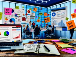 Moderner Schreibtisch in Agentur mit Laptop, Analytics-Dashboards, Heatmaps, bunten CTA-Buttons und Team beim Brainstorming vor einer Glaswand mit Conversion-KPIs.