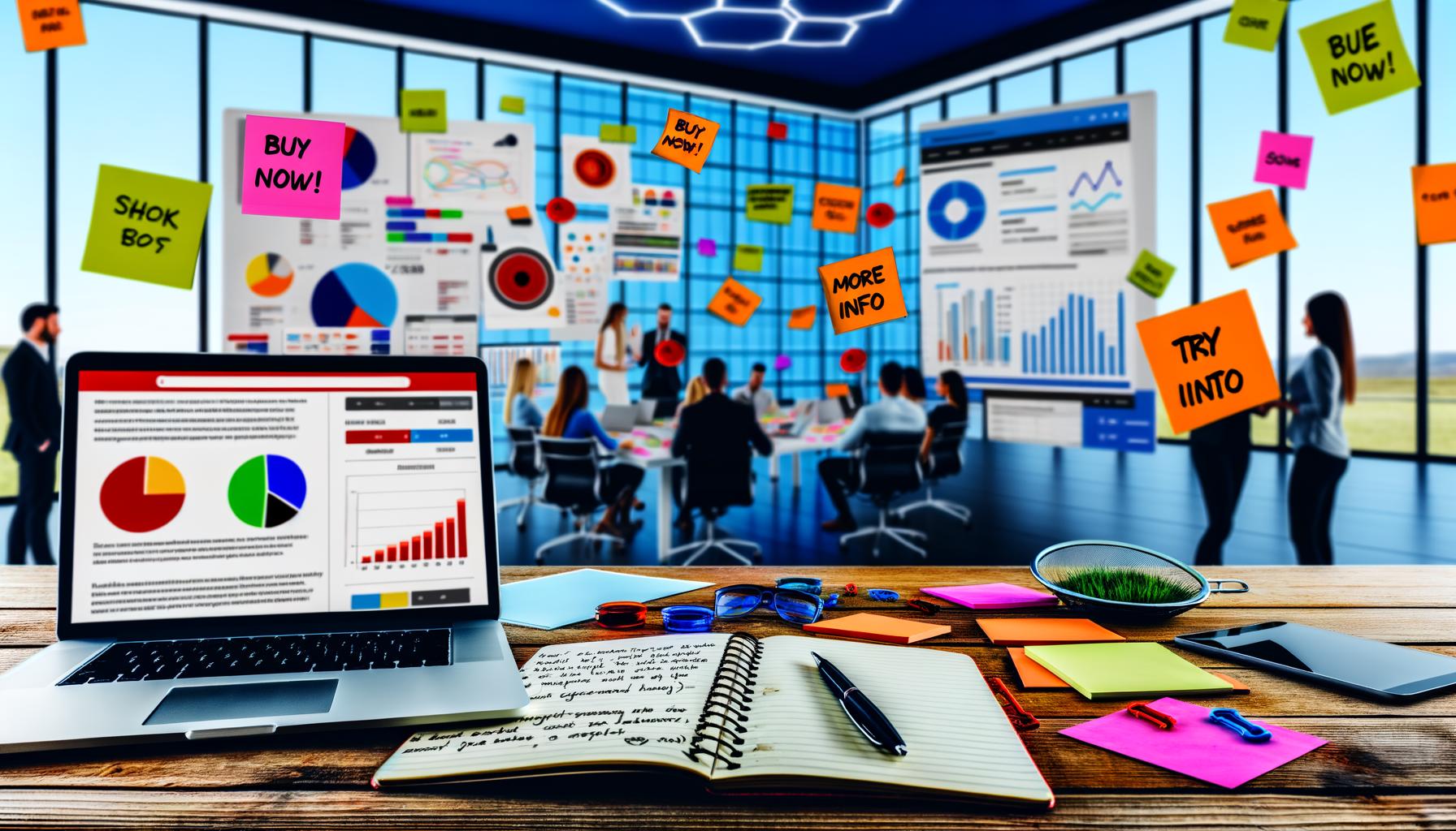 Moderner Schreibtisch in Agentur mit Laptop, Analytics-Dashboards, Heatmaps, bunten CTA-Buttons und Team beim Brainstorming vor einer Glaswand mit Conversion-KPIs.