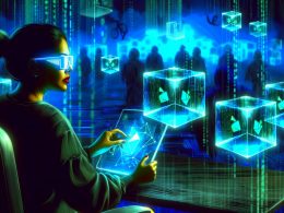 Stilisierte Illustration einer Person mit Datenbrille an einem Schreibtisch, umgeben von schwebenden Blocks voller Blockchain-Daten in einer dunklen, technisch wirkenden Umgebung.