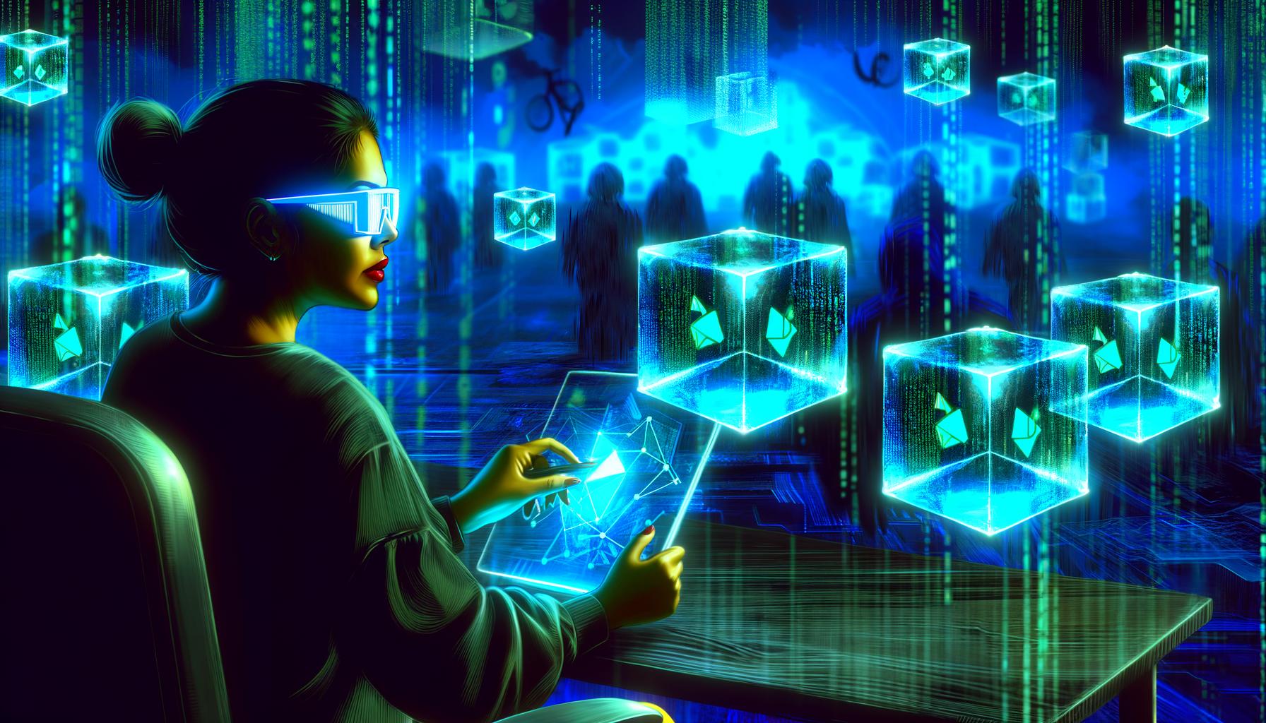 Stilisierte Illustration einer Person mit Datenbrille an einem Schreibtisch, umgeben von schwebenden Blocks voller Blockchain-Daten in einer dunklen, technisch wirkenden Umgebung.