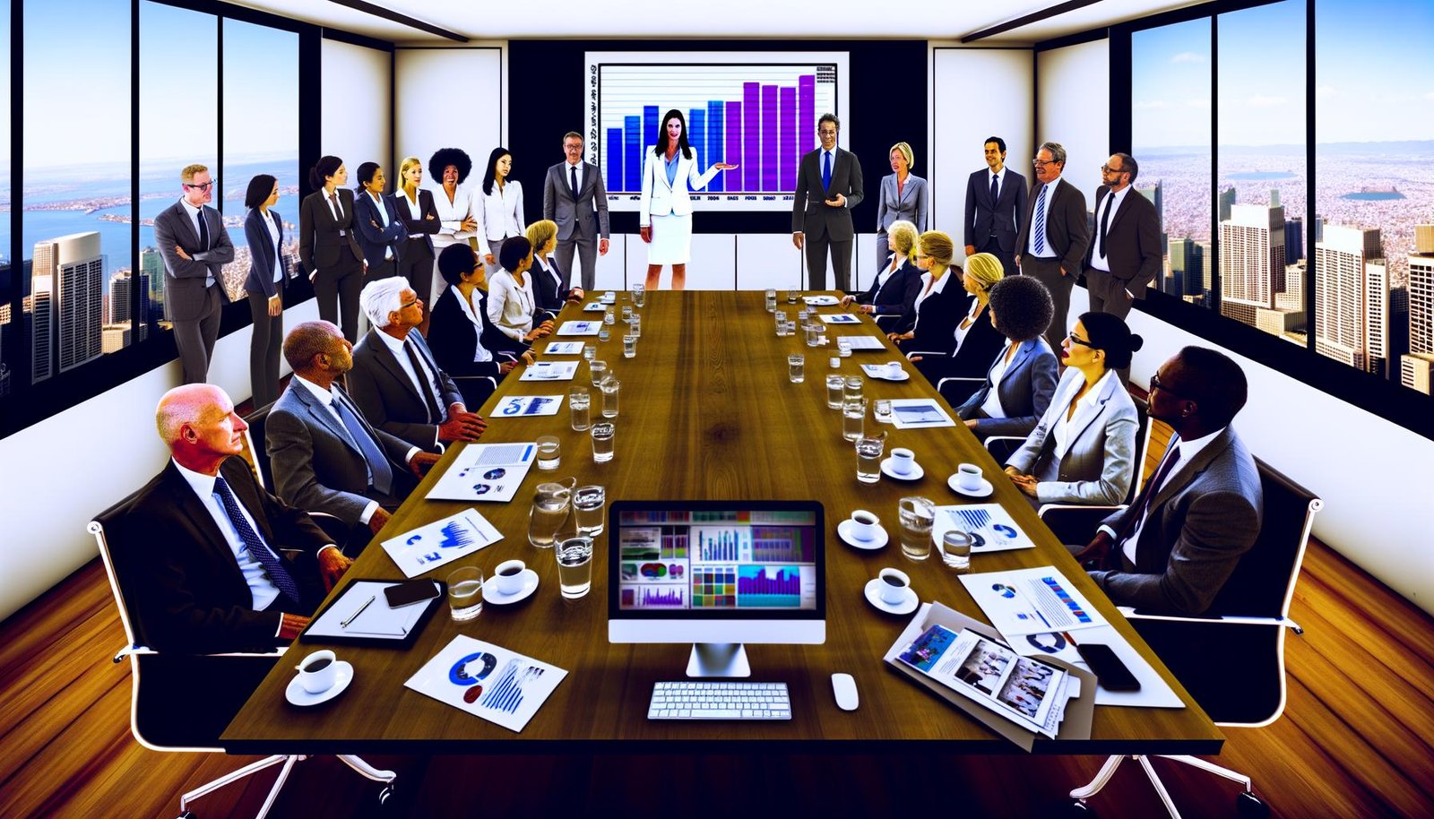 Business-Meeting mit Consultants, die Präsentationen vor skeptischen Führungskräften halten, Kaffeetassen und Auditreports auf großem Tisch, ungenutzter Monitor zeigt veraltete Website.