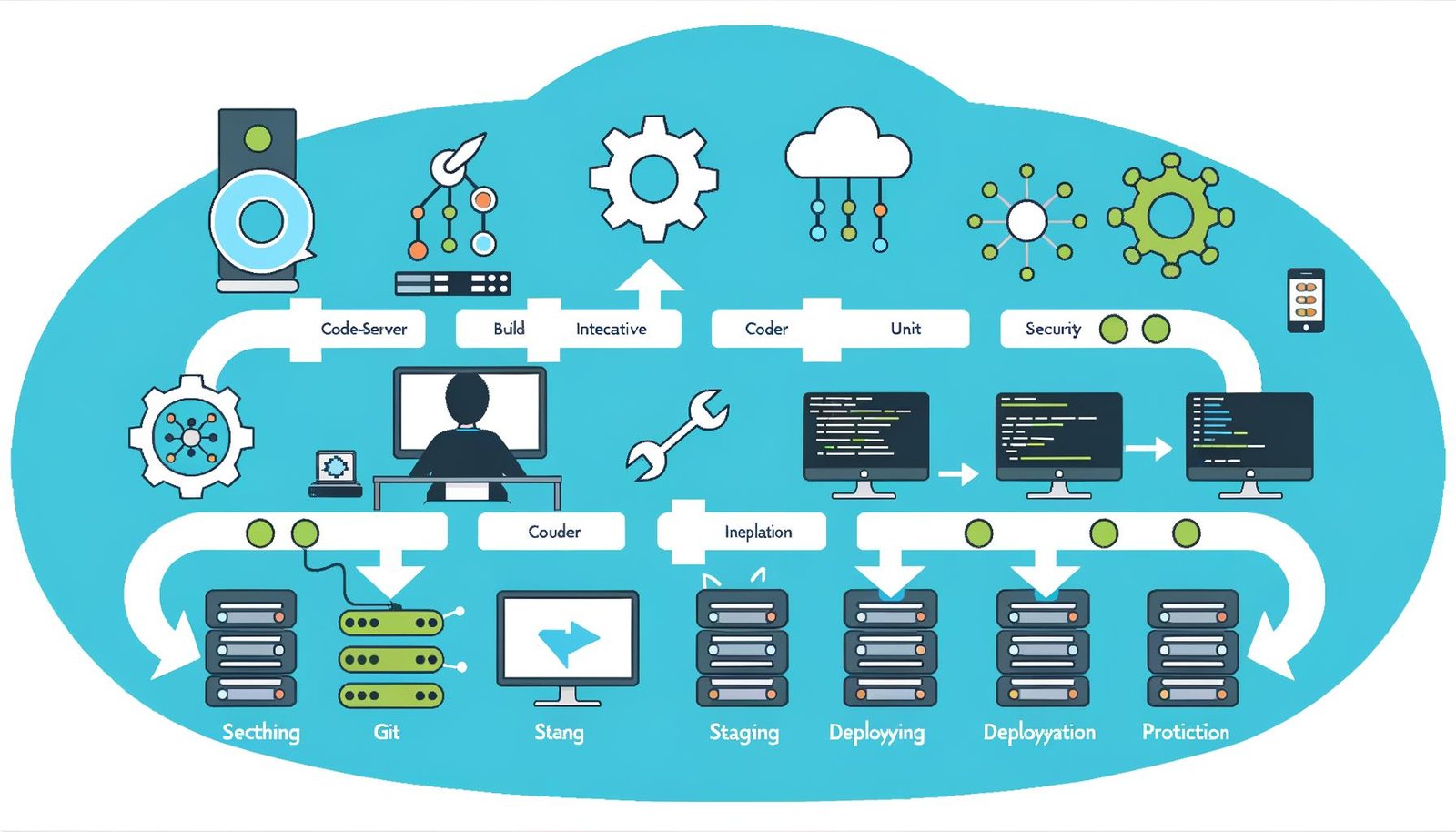 Illustration einer modernen CI/CD Pipeline als Infografik: Entwickler am Laptop, Codefluss ins Git-Repository, Build- und Teststationen, Staging- sowie Produktionsumgebung, umgeben von Jenkins, GitLab, Docker und Kubernetes Logos.