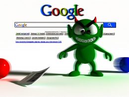 Comicartige Darstellung eines grünen Kobolds, der eine Webseite durcheinanderbringt. Website-Elemente verschoben, Google-Suchbalken mit Rankingpfeilen nach unten sichtbar.