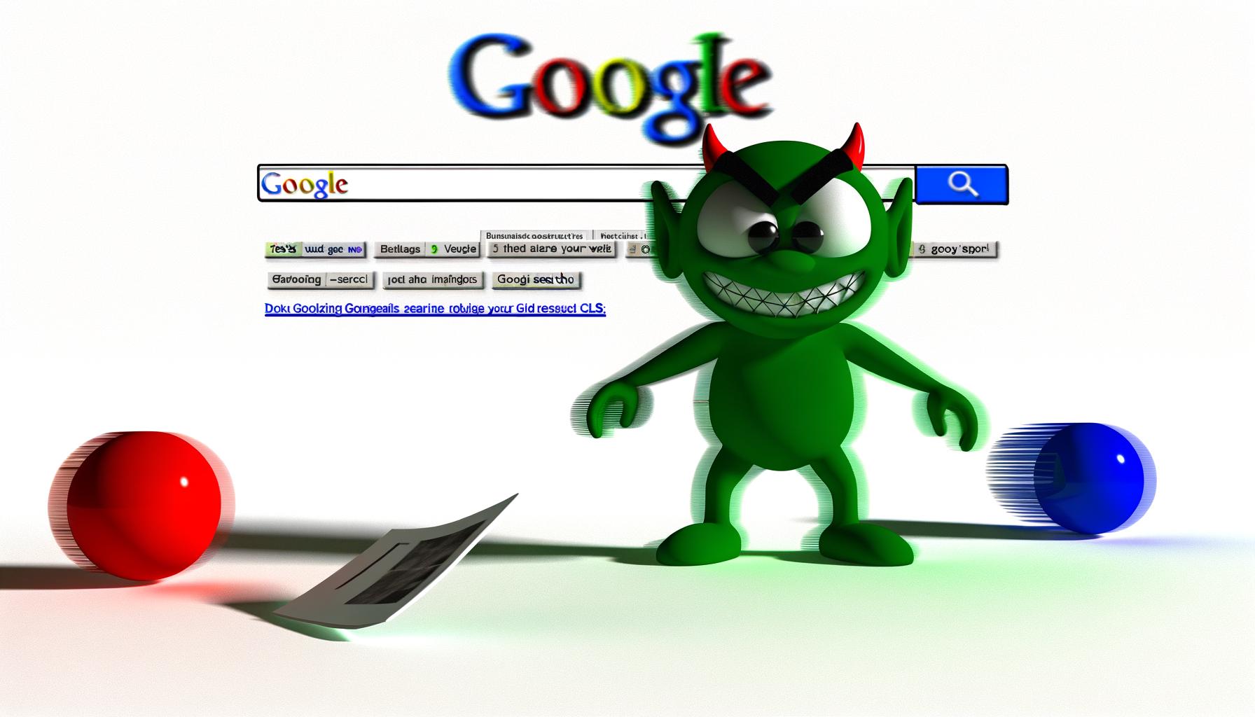 Comicartige Darstellung eines grünen Kobolds, der eine Webseite durcheinanderbringt. Website-Elemente verschoben, Google-Suchbalken mit Rankingpfeilen nach unten sichtbar.