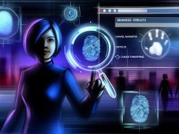 Futuristischer Marketer im dunklen Kontrollraum, mit holografischen Datenströmen, Fingerabdruck-Icons und Browserfenstern, während im Vordergrund Browser-Fingerprint-Daten hervorgehoben werden.