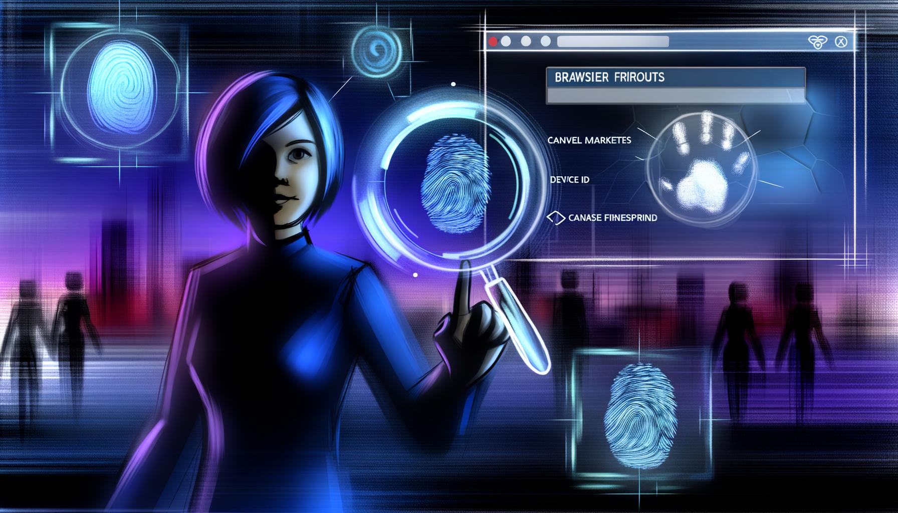 Futuristischer Marketer im dunklen Kontrollraum, mit holografischen Datenströmen, Fingerabdruck-Icons und Browserfenstern, während im Vordergrund Browser-Fingerprint-Daten hervorgehoben werden.