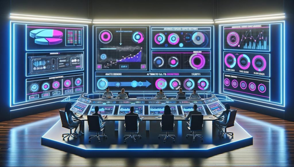 Futuristischer Marketing-Kontrollraum mit durchsichtigen Dashboards, die Echtzeitdaten, Nutzersegmente und CTA-Optimierungen anzeigen, umgeben von Teamarbeit und moderner Technologie.