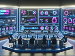 Futuristischer Marketing-Kontrollraum mit durchsichtigen Dashboards, die Echtzeitdaten, Nutzersegmente und CTA-Optimierungen anzeigen, umgeben von Teamarbeit und moderner Technologie.