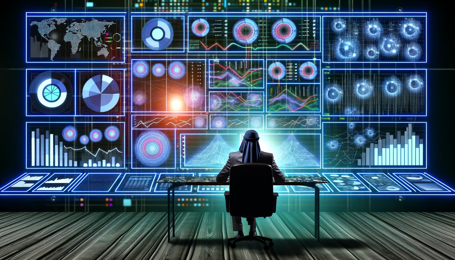 Illustration eines skeptischen Marketers an einem modernen Kontrollpult mit bunten Dashboards, überflutenden Datenströmen und verblassenden Phantom-Diagrammen im Hintergrund.