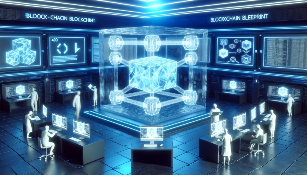 Futuristischer Maschinenraum mit transparentem Datenblock, leuchtenden Blockchain-Symbolen und Entwickler:innen an Hologramm-Terminals vor blauer, technischer Kulisse.