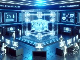 Futuristischer Maschinenraum mit transparentem Datenblock, leuchtenden Blockchain-Symbolen und Entwickler:innen an Hologramm-Terminals vor blauer, technischer Kulisse.