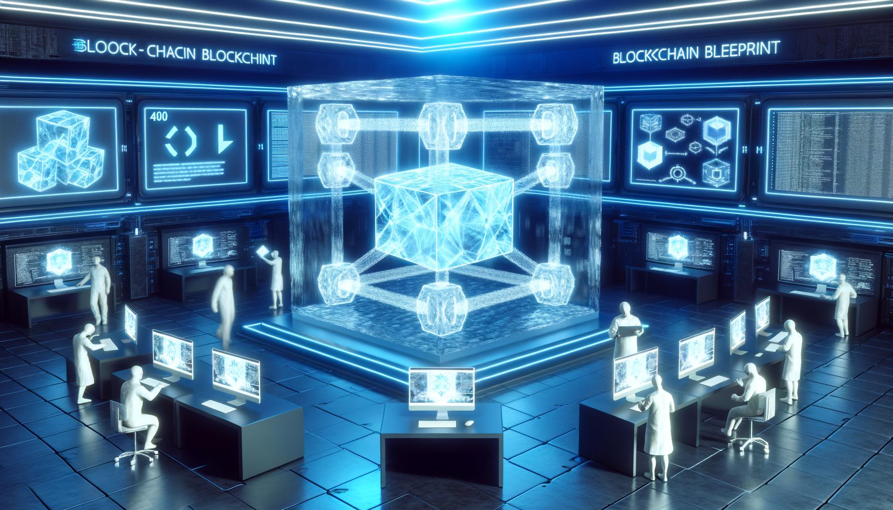 Futuristischer Maschinenraum mit transparentem Datenblock, leuchtenden Blockchain-Symbolen und Entwickler:innen an Hologramm-Terminals vor blauer, technischer Kulisse.