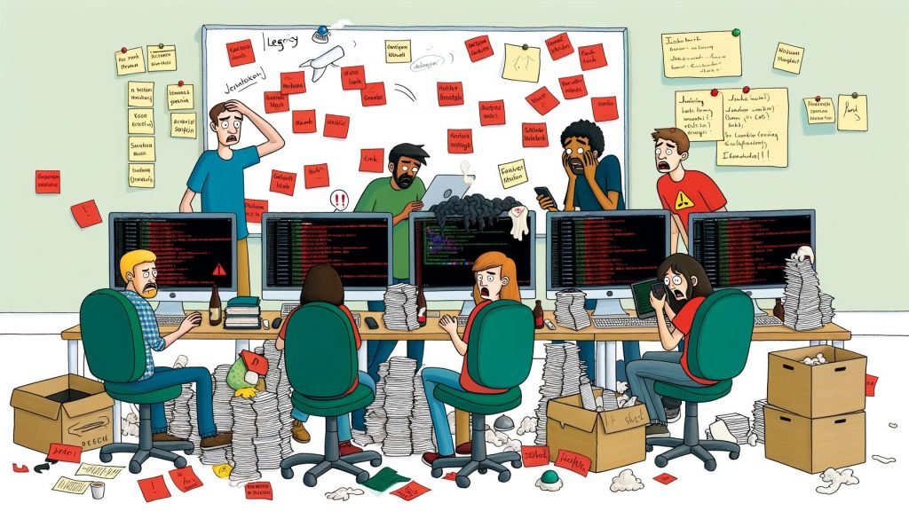 Chaotisches Entwicklerbüro mit gestressten Programmierern, fehlerhaften Jenkins-Builds, roten Fehlermeldungen, vielen Slack-Nachrichten und verstreuten Notizzetteln an Whiteboards.