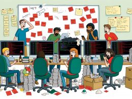 Chaotisches Entwicklerbüro mit gestressten Programmierern, fehlerhaften Jenkins-Builds, roten Fehlermeldungen, vielen Slack-Nachrichten und verstreuten Notizzetteln an Whiteboards.