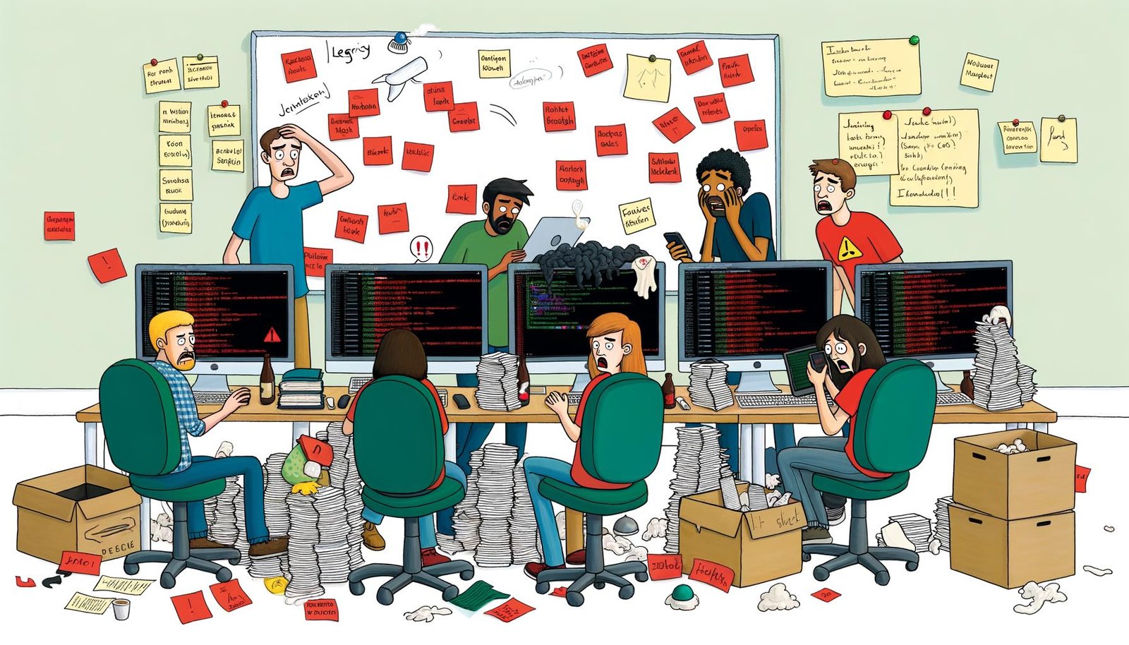 Chaotisches Entwicklerbüro mit gestressten Programmierern, fehlerhaften Jenkins-Builds, roten Fehlermeldungen, vielen Slack-Nachrichten und verstreuten Notizzetteln an Whiteboards.