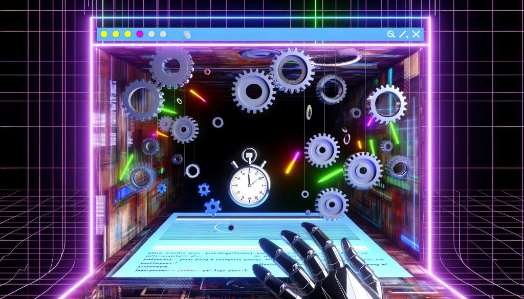 Futuristischer, aufgeschnittener Browser-Motor als Maschinenraum mit Zahnrädern, Datenströmen, Schaltkreisen, glühenden Leitungen und einer Ladezeit-Stoppuhr, während ein Webseiten-Screenshot aufgebaut wird.