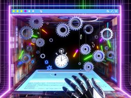Futuristischer, aufgeschnittener Browser-Motor als Maschinenraum mit Zahnrädern, Datenströmen, Schaltkreisen, glühenden Leitungen und einer Ladezeit-Stoppuhr, während ein Webseiten-Screenshot aufgebaut wird.