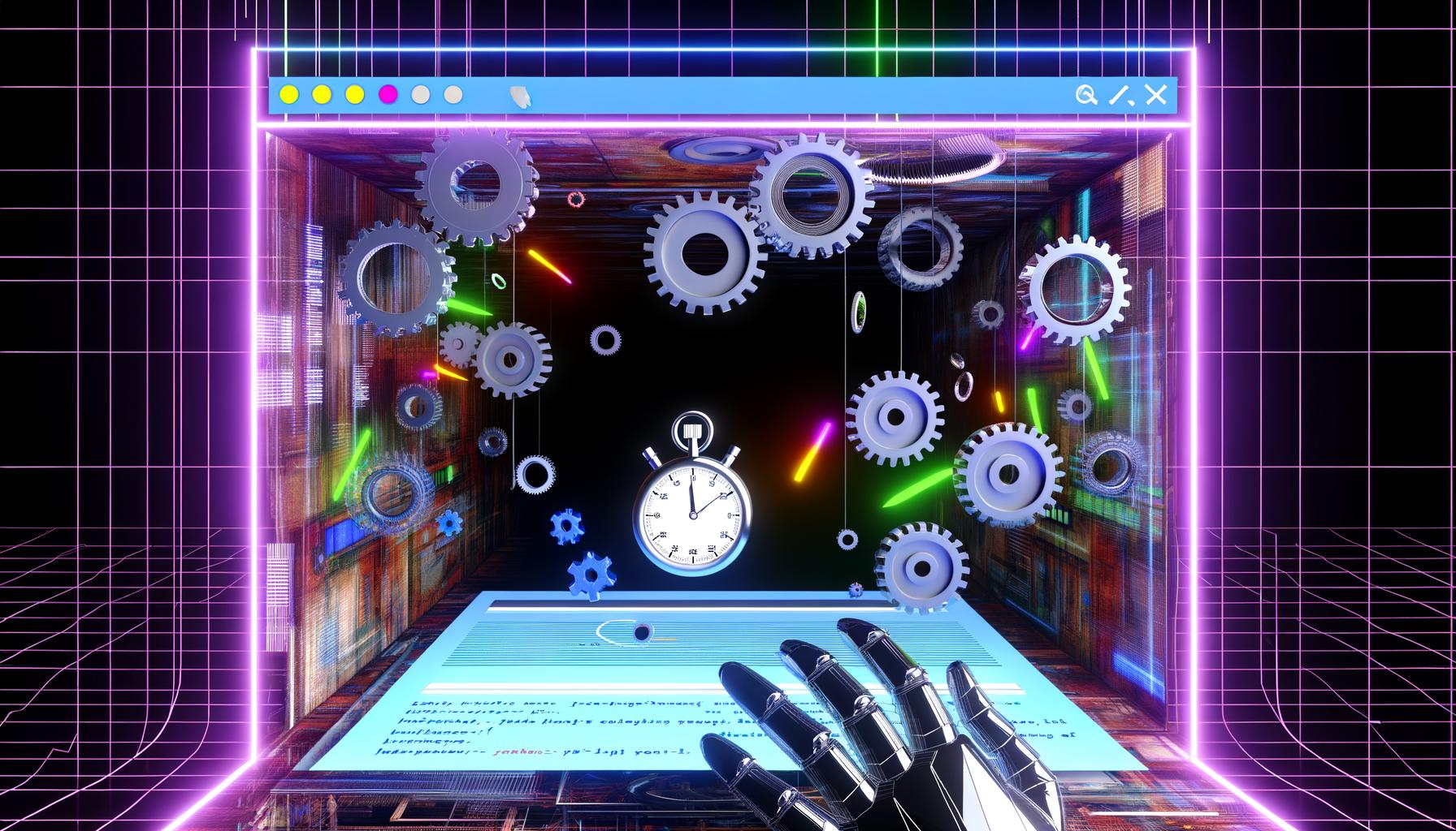 Futuristischer, aufgeschnittener Browser-Motor als Maschinenraum mit Zahnrädern, Datenströmen, Schaltkreisen, glühenden Leitungen und einer Ladezeit-Stoppuhr, während ein Webseiten-Screenshot aufgebaut wird.