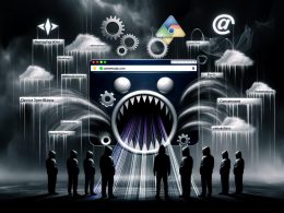 Personifizierter Browser mit offenem Mund aus Zahnrädern und Chatblasen, der persönliche Daten an schattenhafte Marketingfiguren und Hacker abgibt. Im Hintergrund dunkle Silhouetten von Webseiten und verblassende Consent-Banner.