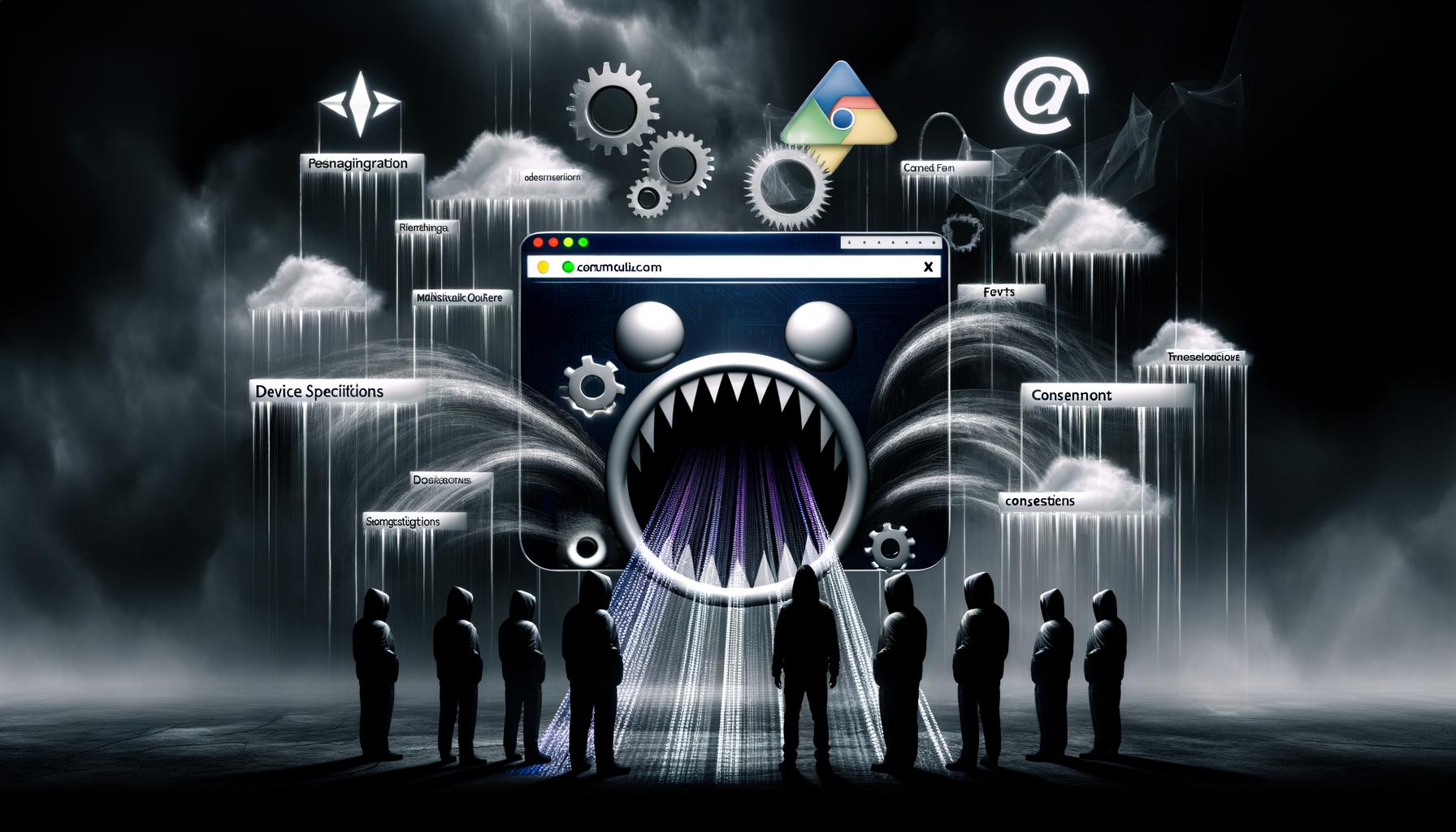 Personifizierter Browser mit offenem Mund aus Zahnrädern und Chatblasen, der persönliche Daten an schattenhafte Marketingfiguren und Hacker abgibt. Im Hintergrund dunkle Silhouetten von Webseiten und verblassende Consent-Banner.