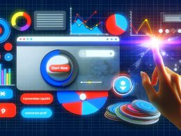 Grafische Collage einer Webseite mit großem CTA-Button, Heatmaps, Analysediagrammen und UI-Elementen in frischen digitalen Farben