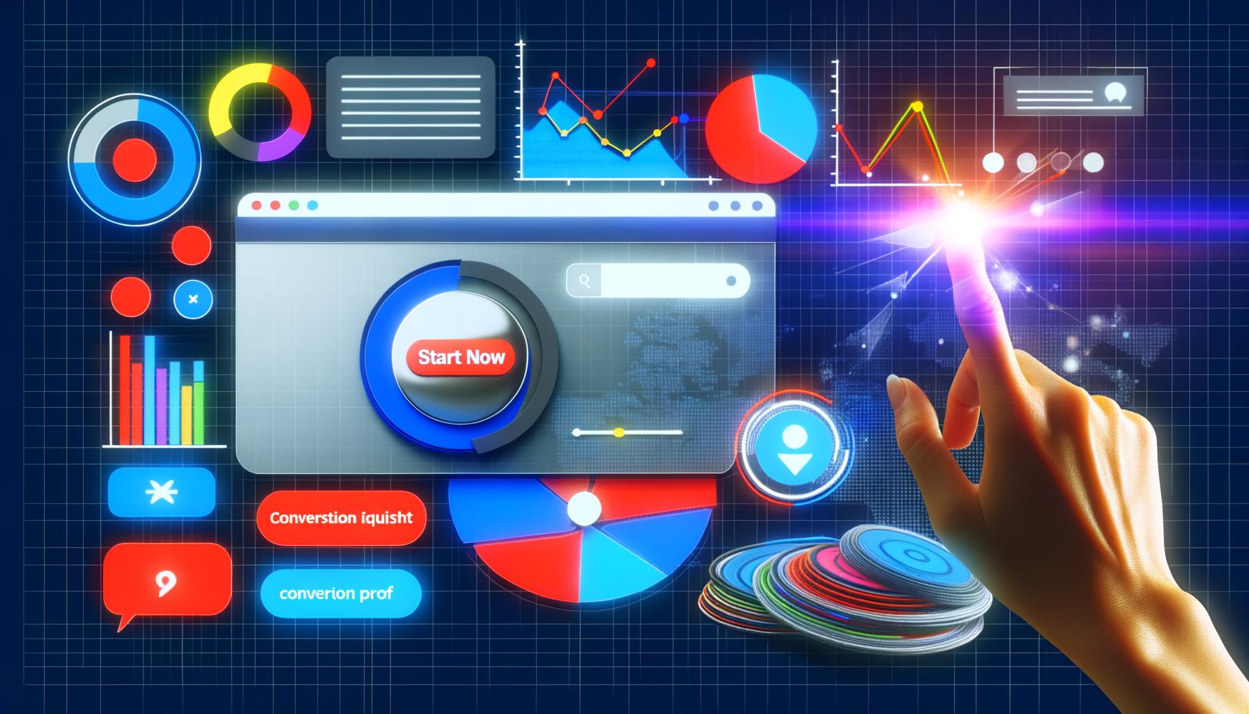 Grafische Collage einer Webseite mit großem CTA-Button, Heatmaps, Analysediagrammen und UI-Elementen in frischen digitalen Farben