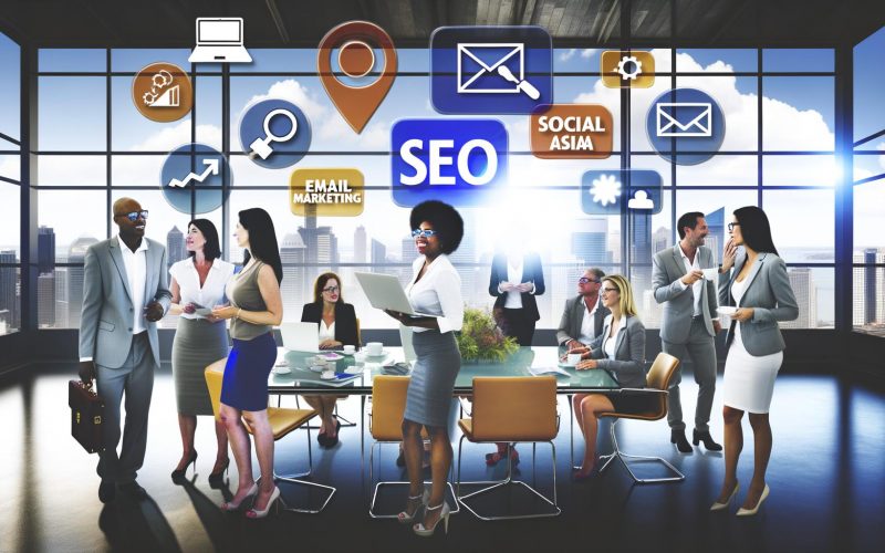 Dynamische Szene moderner Unternehmer und Unternehmerinnen am Tisch voller Notebooks, Kaffeetassen und digitaler Geräte mit schwebenden Icons für SEO, Social Media und E-Mail-Marketing vor urbaner Skyline.