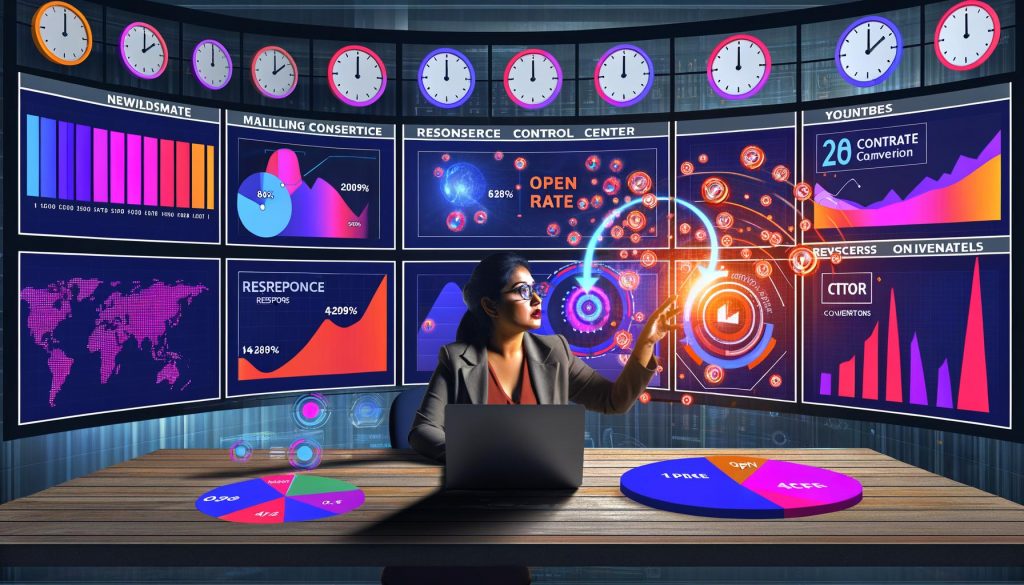 Dynamische Marketerin vor mehreren Bildschirmen mit Heatmaps, Conversion-Funnels, KPIs und Kalender in einem modernen E-Mail-Marketing Kontrollzentrum.