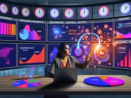 Dynamische Marketerin vor mehreren Bildschirmen mit Heatmaps, Conversion-Funnels, KPIs und Kalender in einem modernen E-Mail-Marketing Kontrollzentrum.