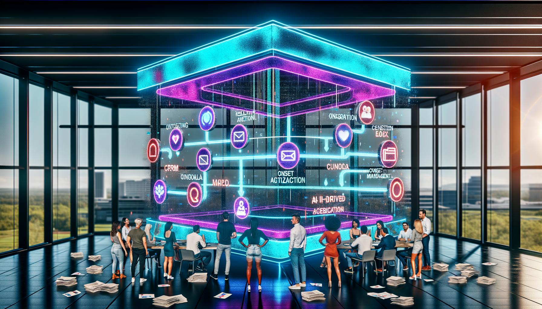 Ein futuristisches Marketingteam analysiert Daten auf einem transparenten Interface mit neonfarbenen Akzenten; Diagramme zeigen die Integration verschiedener Marketingkanäle im CDP-Stack, während veraltete Papierberichte auf dem Tisch liegen.