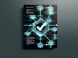 Dunkler, digital anmutender Hintergrund mit stilisierter Blockchain-Visualisierung, leuchtenden Knotenlinien, Checklisten-Icon und technischen Parametern. Im Vordergrund der Titel ‚Blockchain Checkliste: Experten-Guide für smarte Umsetzung‘.